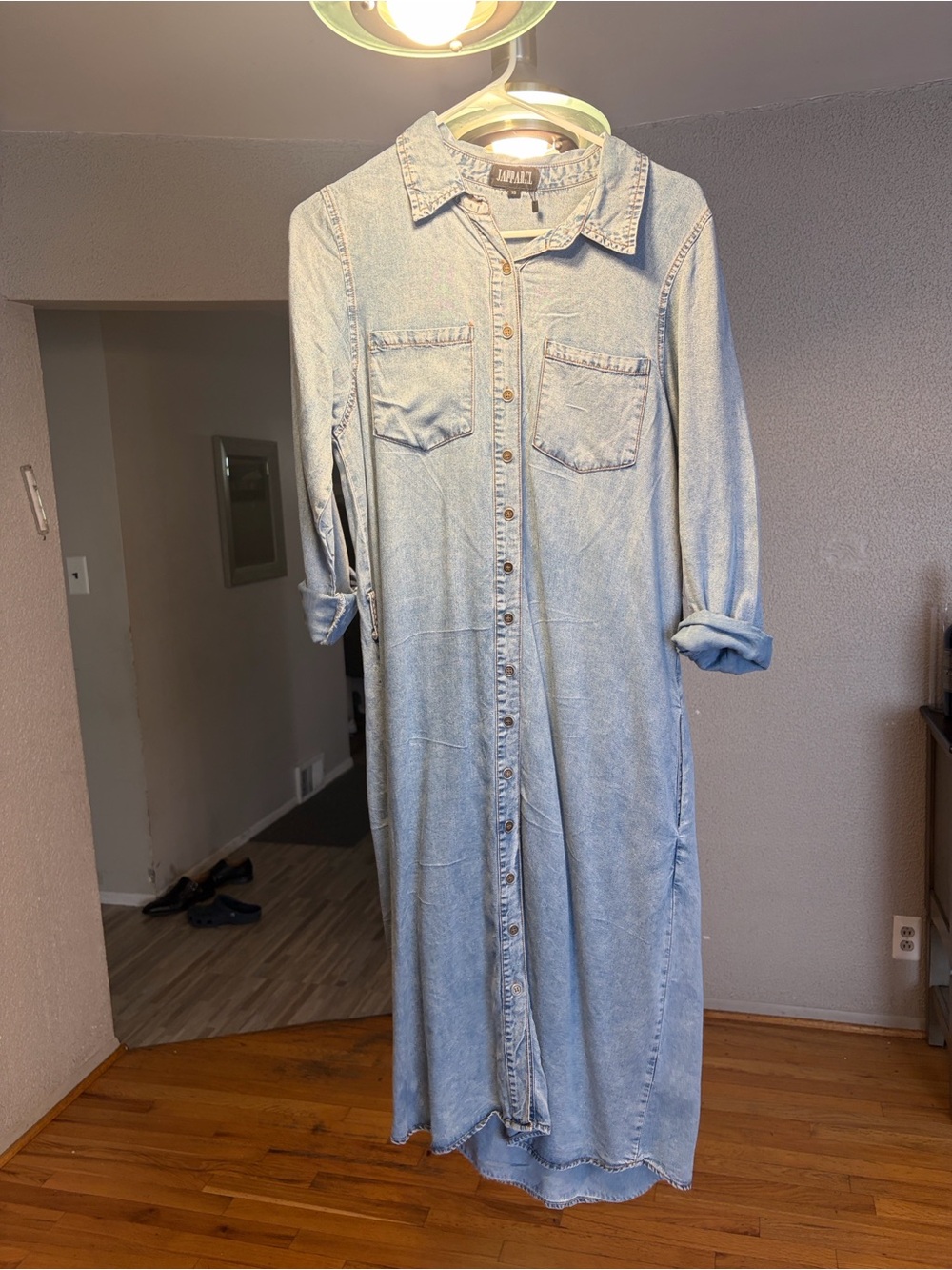 Light Blue Denim Midi Dress with Button Front